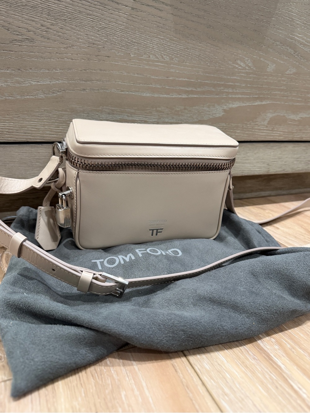 Tom Ford Beige Leather Messenger Bag with TF Logo